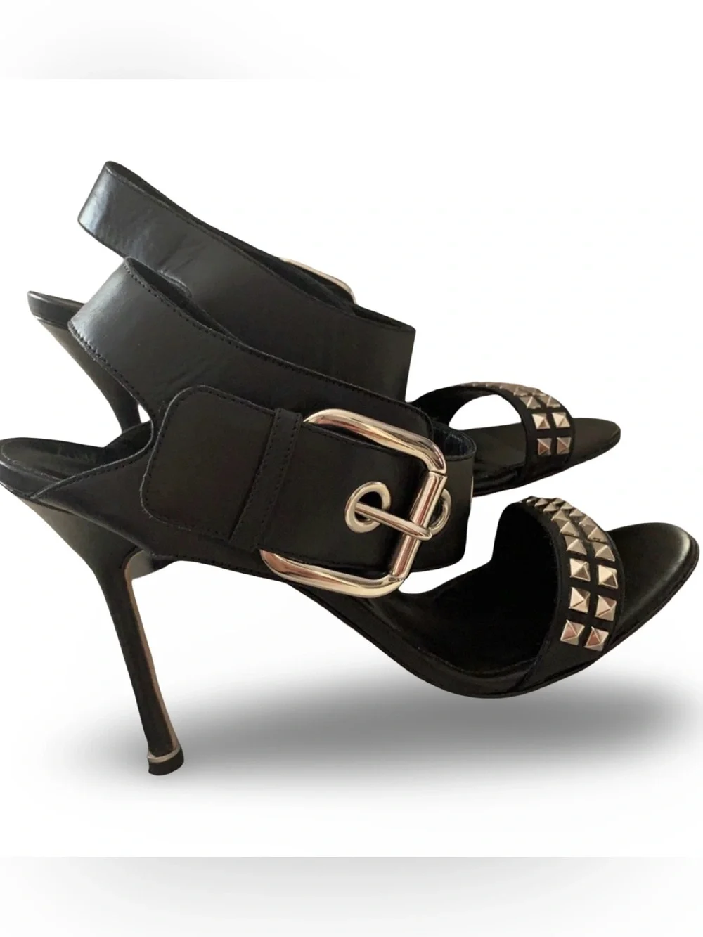Manolo Blahnik Black Studded Leather‎ Buckle Ankle Strap Sandals, 38
